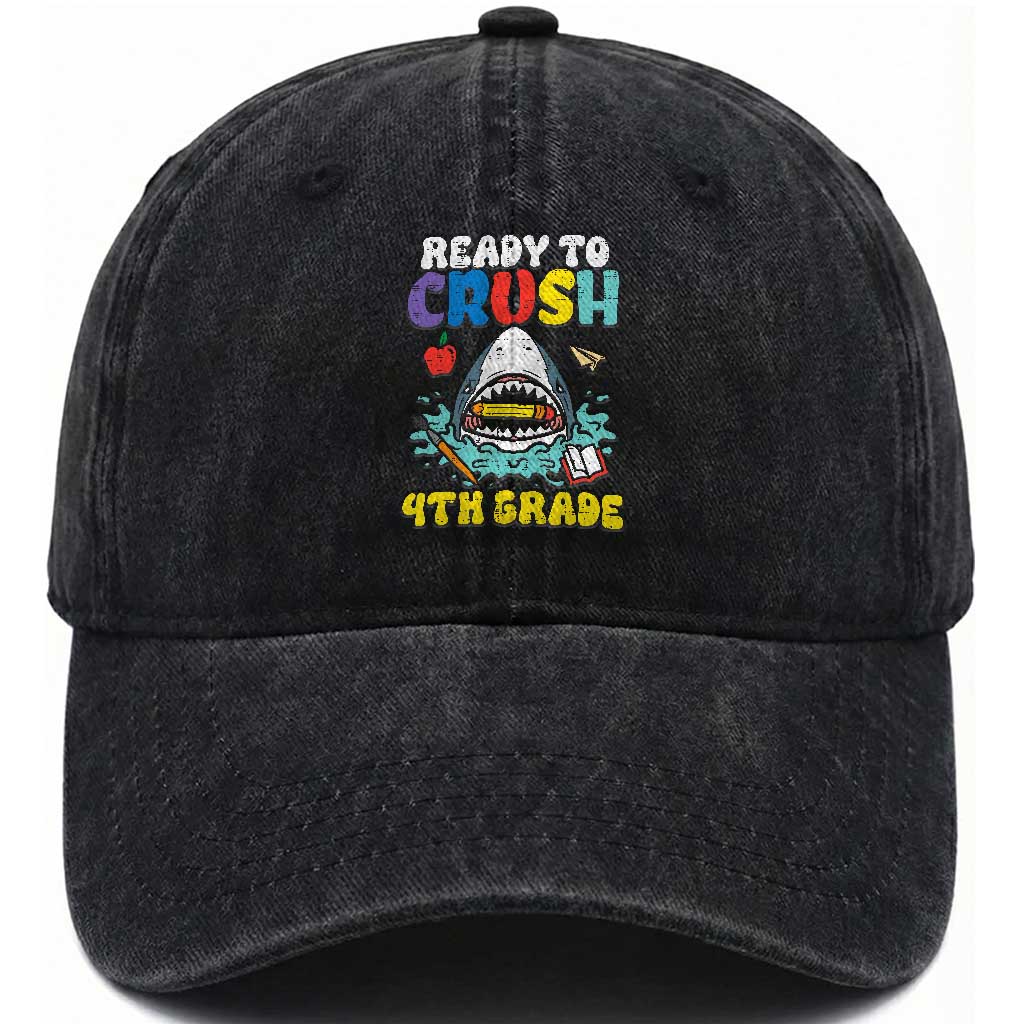 Shark Ready To Crush 4th Grade Washed Cotton Baseball Cap Cool Boys First Day of School Gift