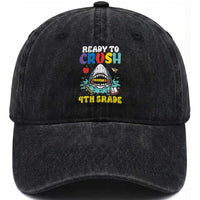 Shark Ready To Crush 4th Grade Washed Cotton Baseball Cap Cool Boys First Day of School Gift