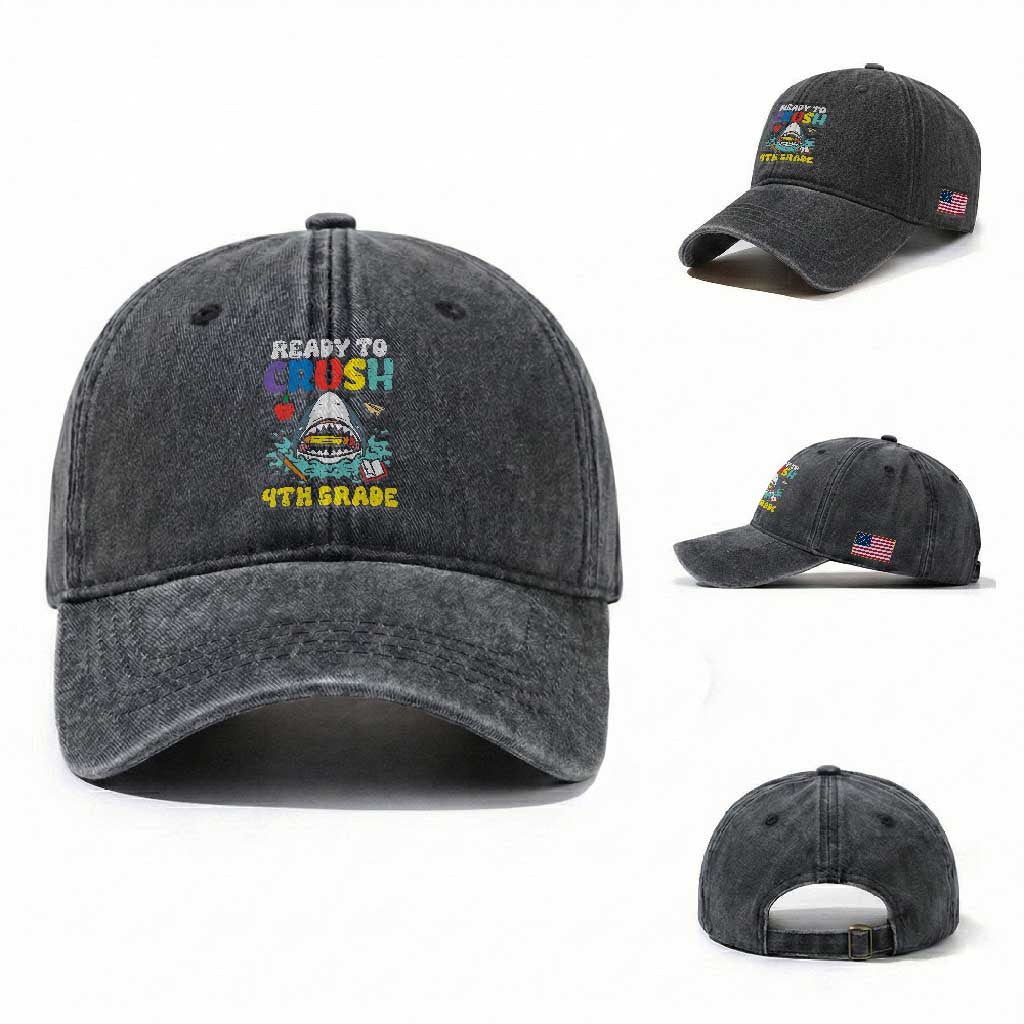 Shark Ready To Crush 4th Grade Washed Cotton Baseball Cap Cool Boys First Day of School Gift