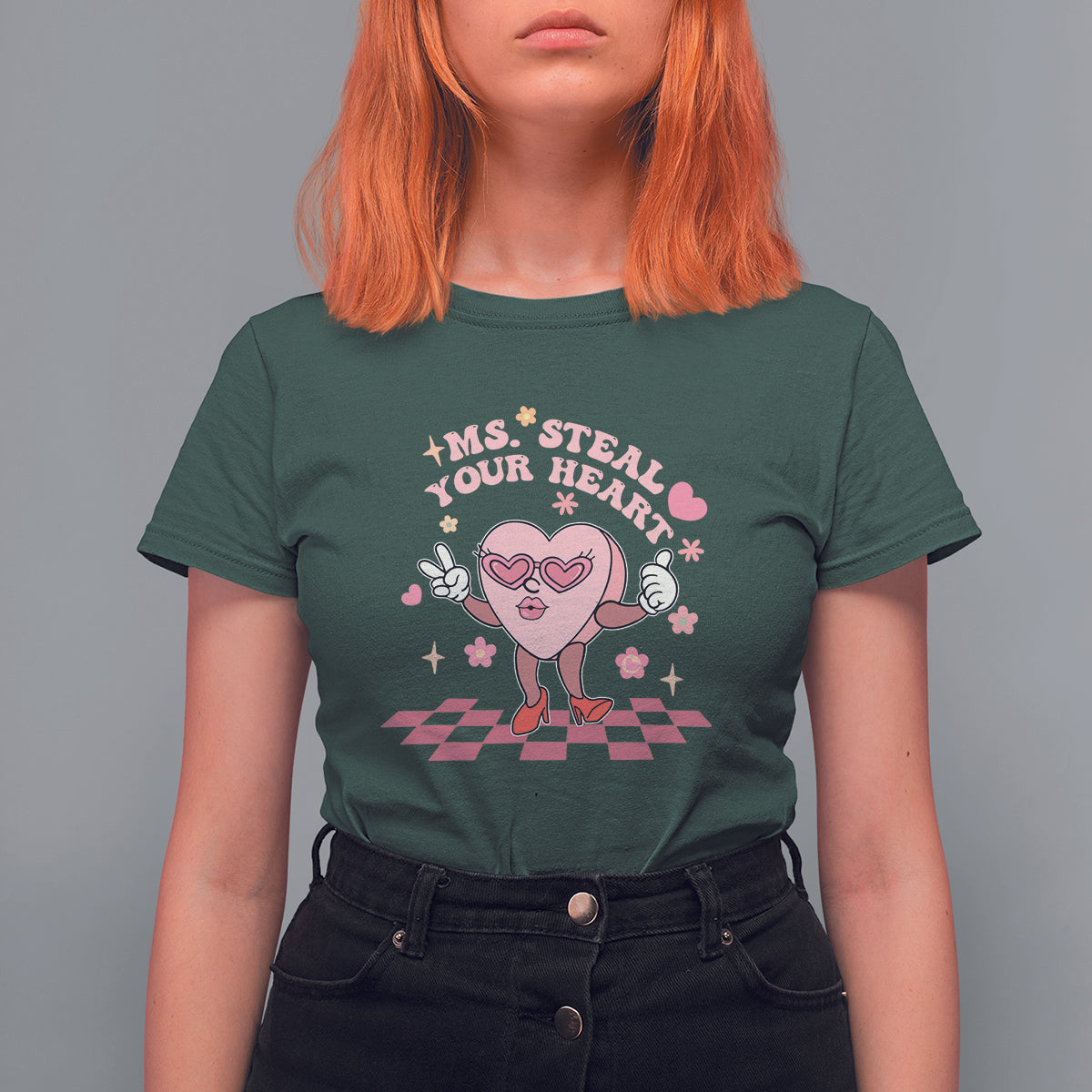 Dark forest green women’s graphic T-shirt with “Ms. Steal Your Heart” print