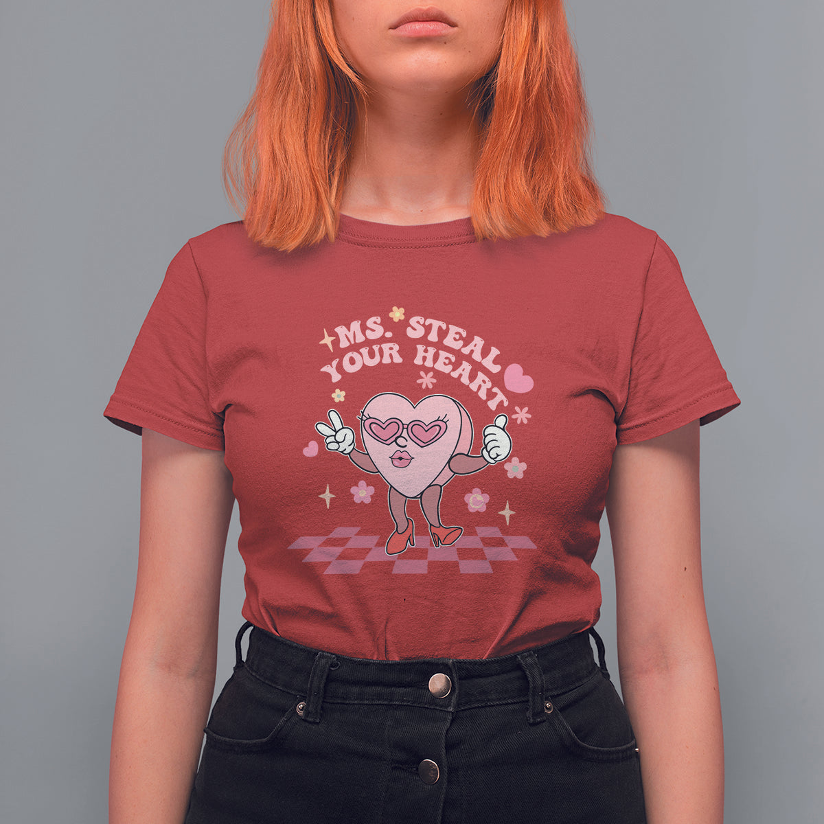 Red women’s graphic T-shirt with “Ms. Steal Your Heart” heart character print