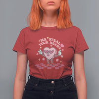 Red women’s graphic T-shirt with “Ms. Steal Your Heart” heart character print