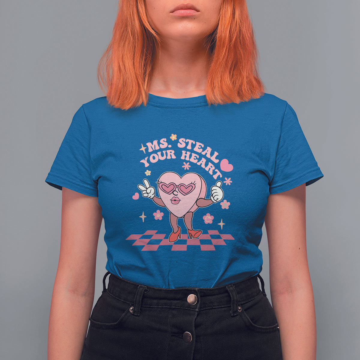 Royal blue women’s graphic T-shirt with “Ms. Steal Your Heart” heart character print
