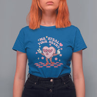 Royal blue women’s graphic T-shirt with “Ms. Steal Your Heart” heart character print