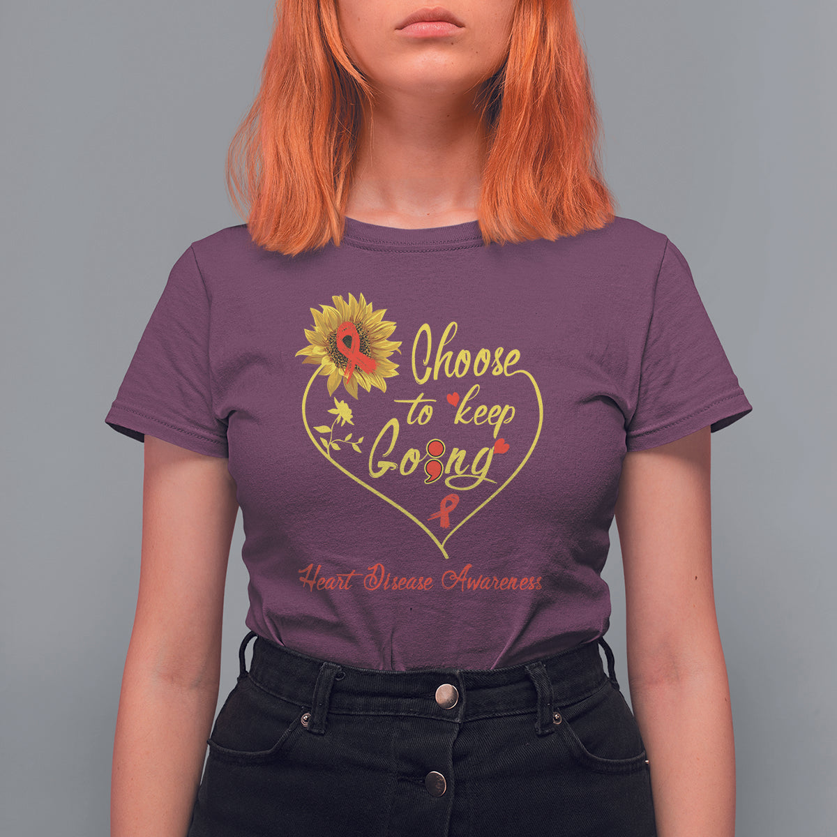 Women’s maroon heart disease awareness T-shirt with yellow heart graphic and slogan