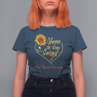 Women’s navy heart disease awareness T-shirt with yellow heart graphic and slogan