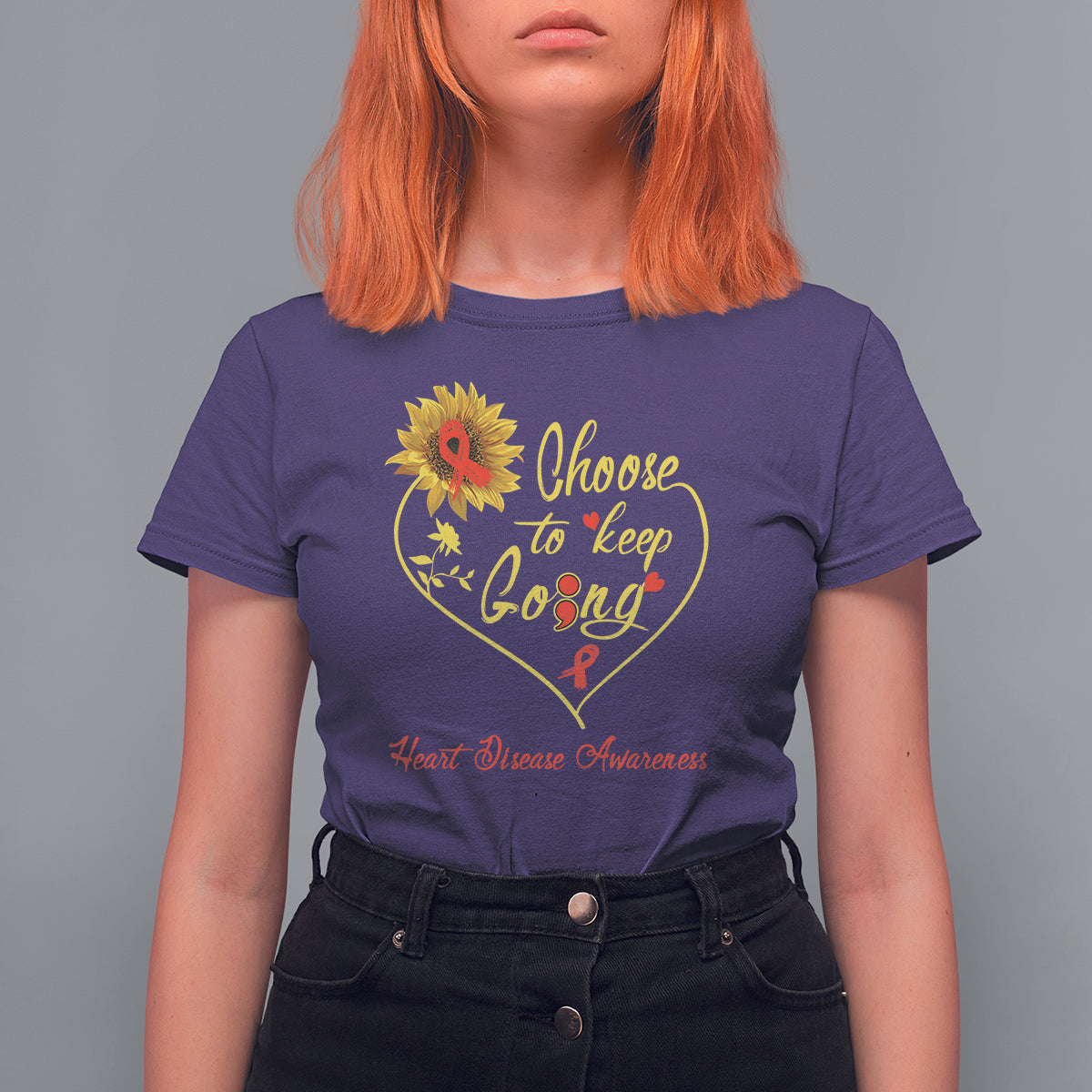 Women’s purple heart disease awareness T-shirt with yellow heart graphic and slogan