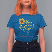 Women’s royal blue heart disease awareness T-shirt with yellow heart graphic and slogan
