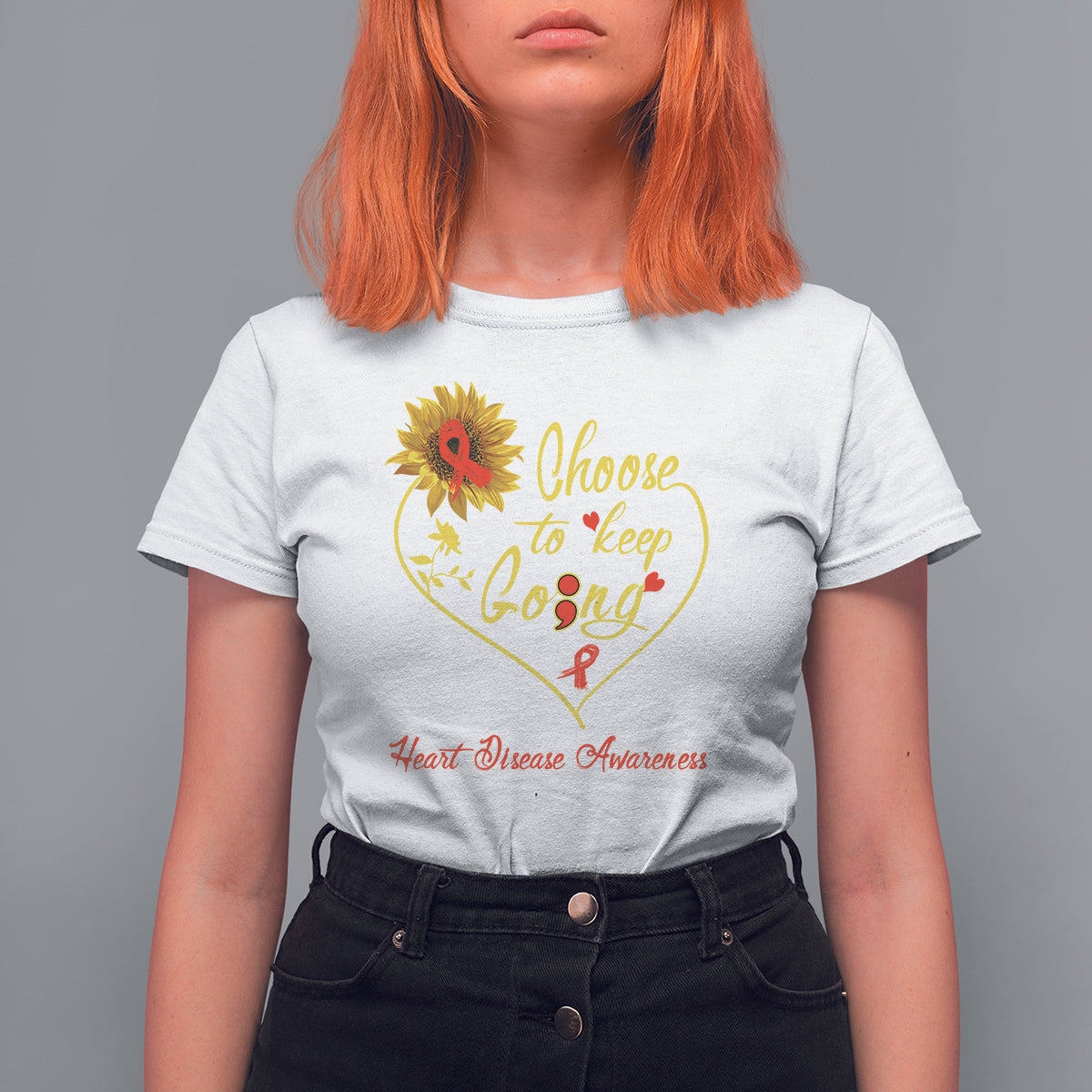 Women’s white heart disease awareness T-shirt with yellow heart graphic and slogan