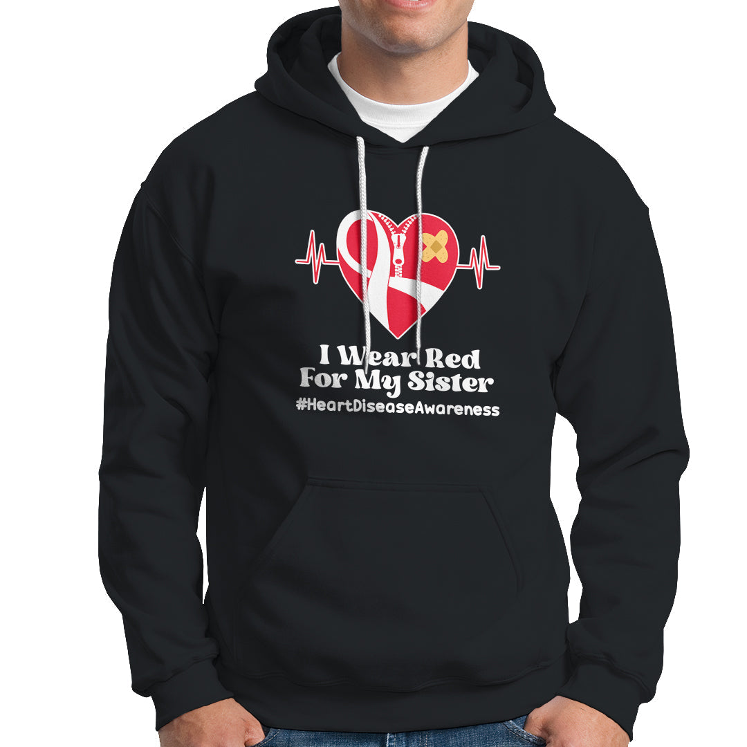 I Wear Red For My Sister Heart Disease Awareness Hoodie with Red Ribbon - Wonder Print Shop