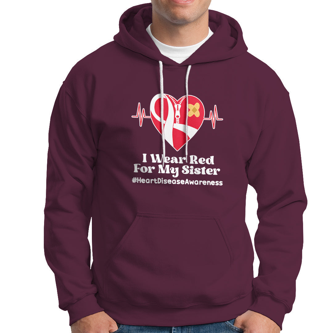 Maroon heart awareness hoodie with front pocket and red ribbon graphic, drawstring hood