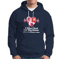 Navy heart awareness hoodie with front pocket and red ribbon graphic, drawstring hood