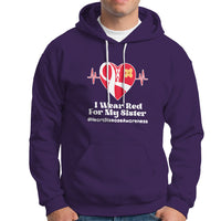 Purple heart awareness hoodie with front pocket and red ribbon graphic, drawstring hood