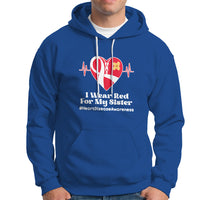 Royal blue heart awareness hoodie with front pocket and red ribbon graphic, drawstring hood