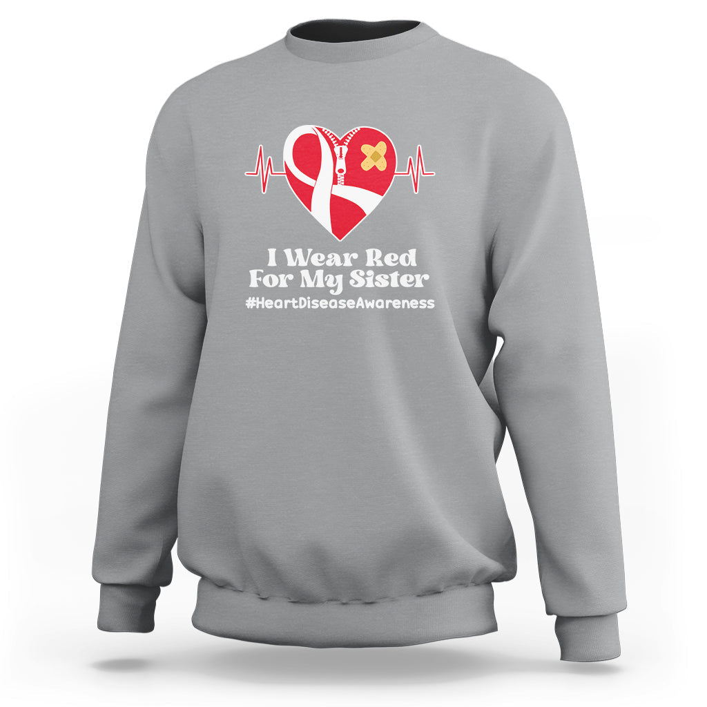 I Wear Red For My Sister Heart Disease Awareness Sweatshirt with Red Ribbon - Wonder Print Shop