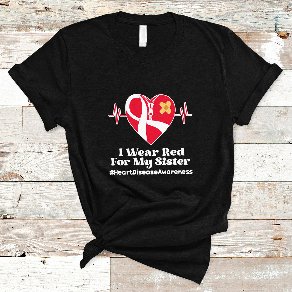 I Wear Red For My Sister Heart Disease Awareness T Shirt with Red Ribbon - Wonder Print Shop