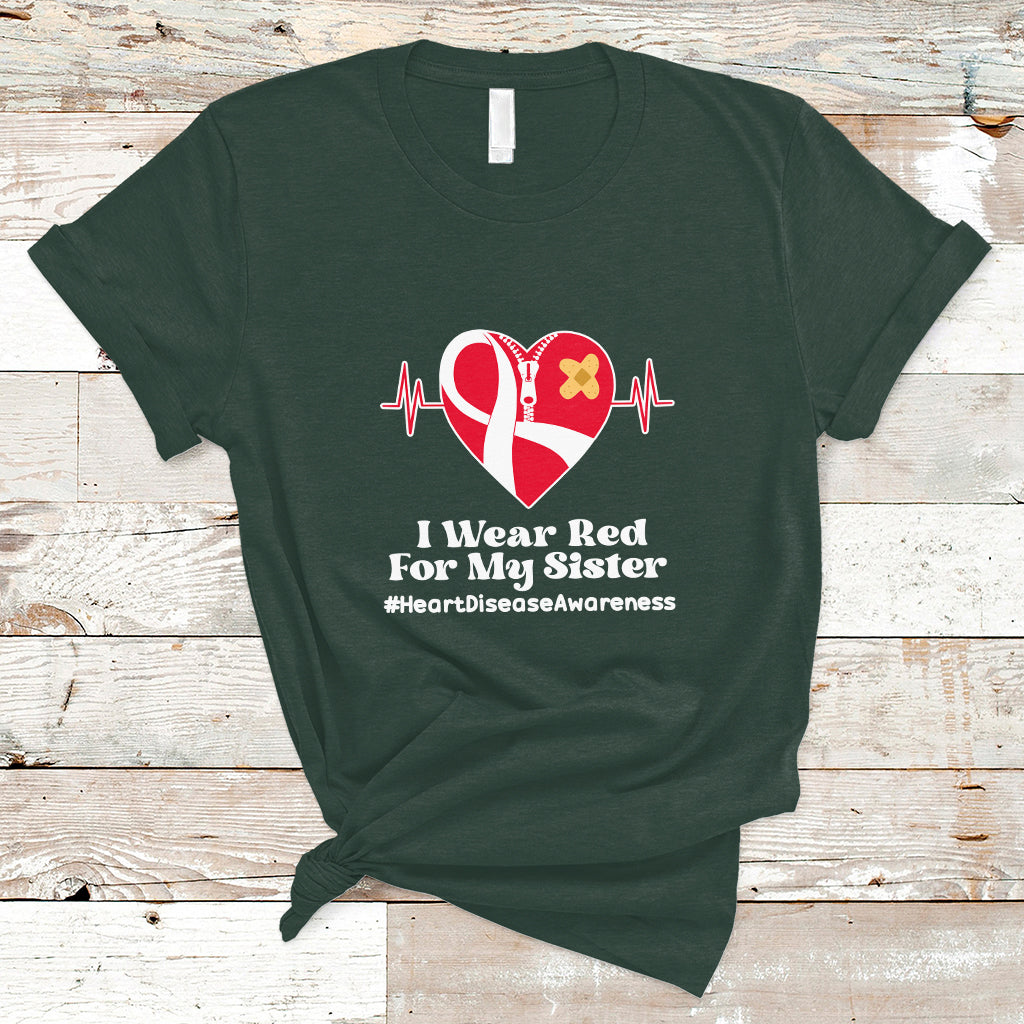I Wear Red For My Sister Heart Disease Awareness T Shirt with Red Ribbon - Wonder Print Shop