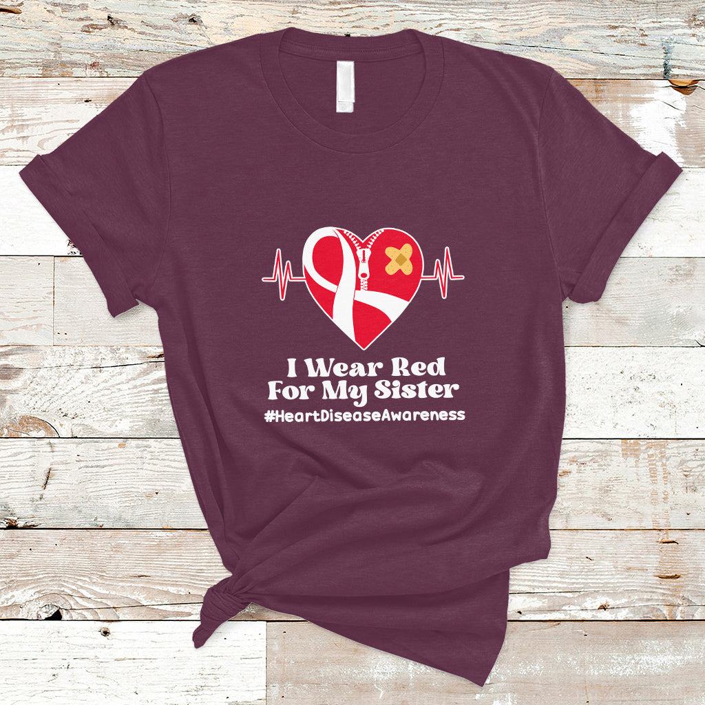 I Wear Red For My Sister Heart Disease Awareness T Shirt with Red Ribbon - Wonder Print Shop