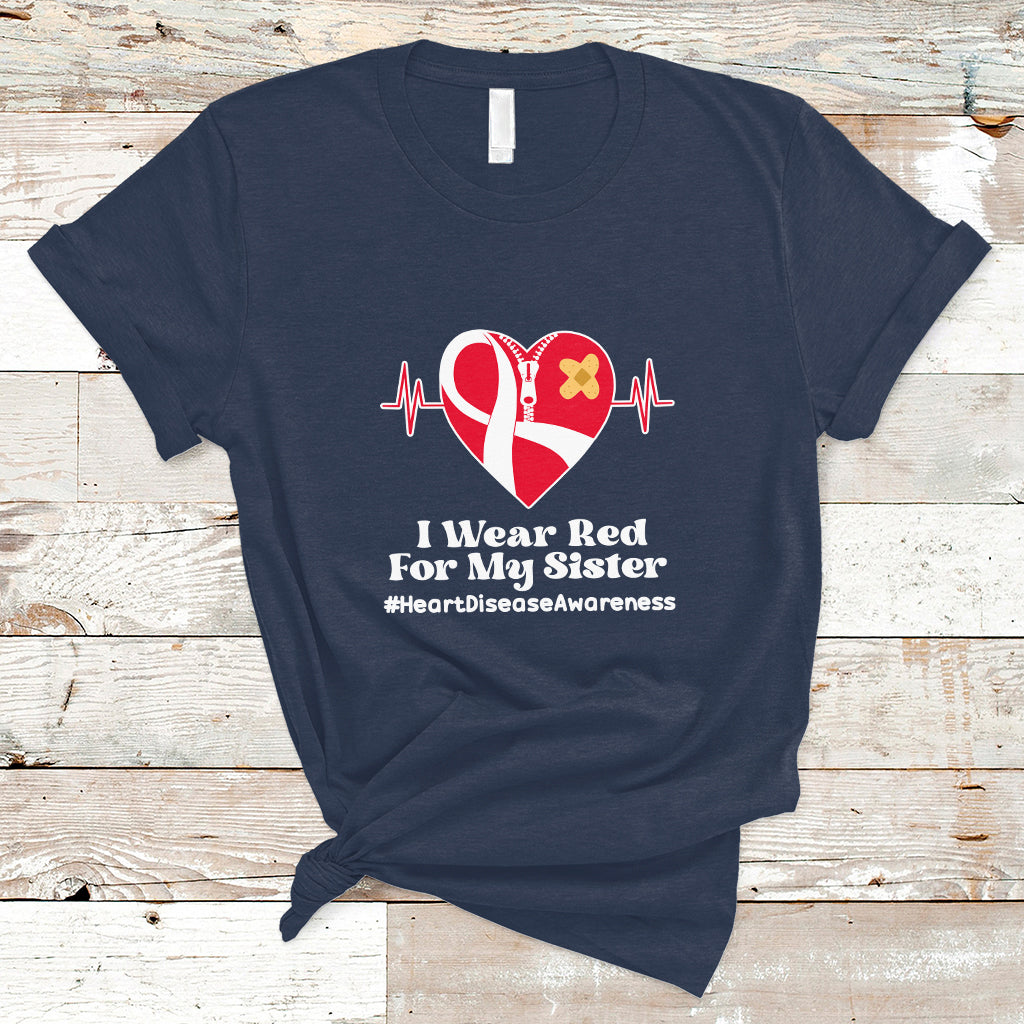 I Wear Red For My Sister Heart Disease Awareness T Shirt with Red Ribbon - Wonder Print Shop