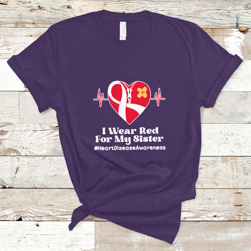 I Wear Red For My Sister Heart Disease Awareness T Shirt with Red Ribbon - Wonder Print Shop