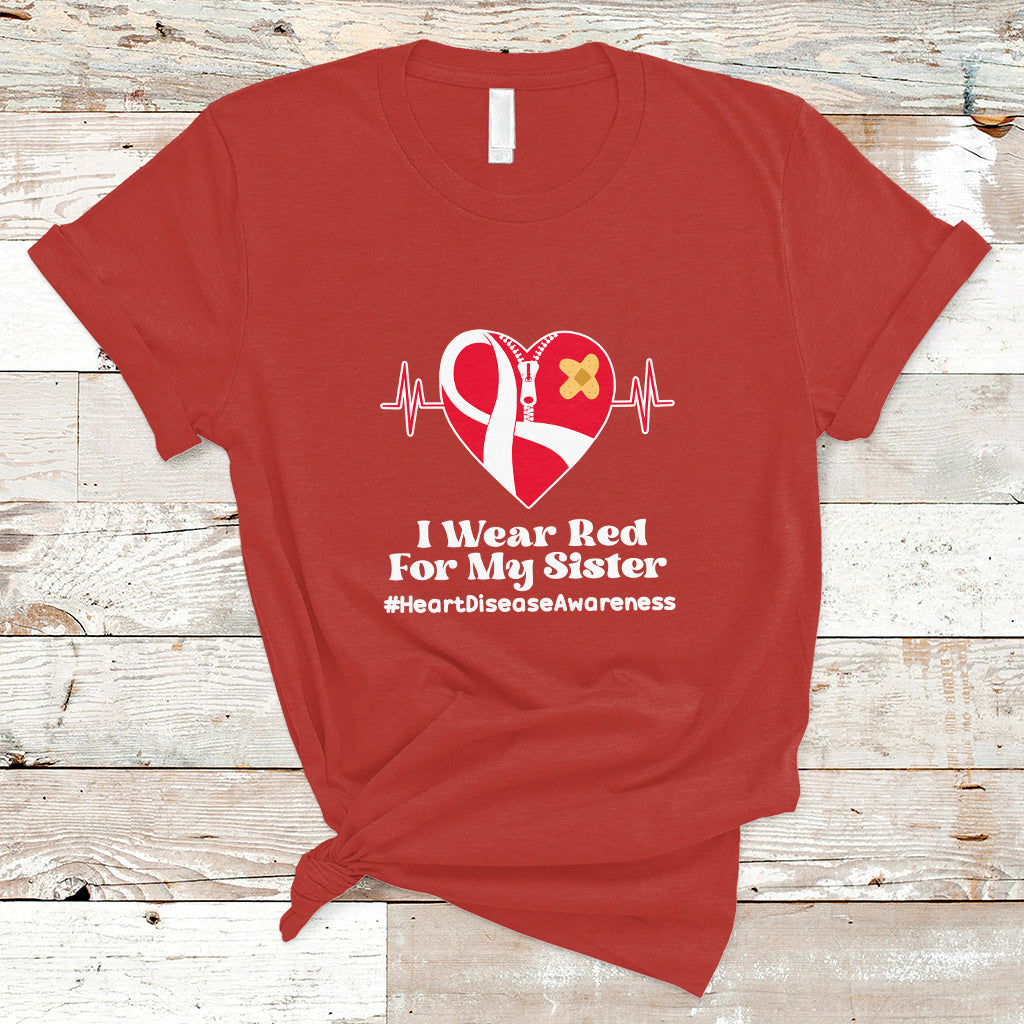 I Wear Red For My Sister Heart Disease Awareness T Shirt with Red Ribbon - Wonder Print Shop
