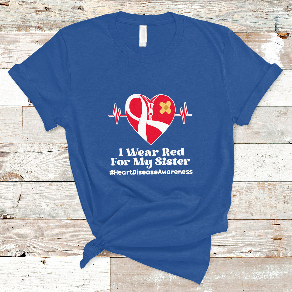 I Wear Red For My Sister Heart Disease Awareness T Shirt with Red Ribbon - Wonder Print Shop