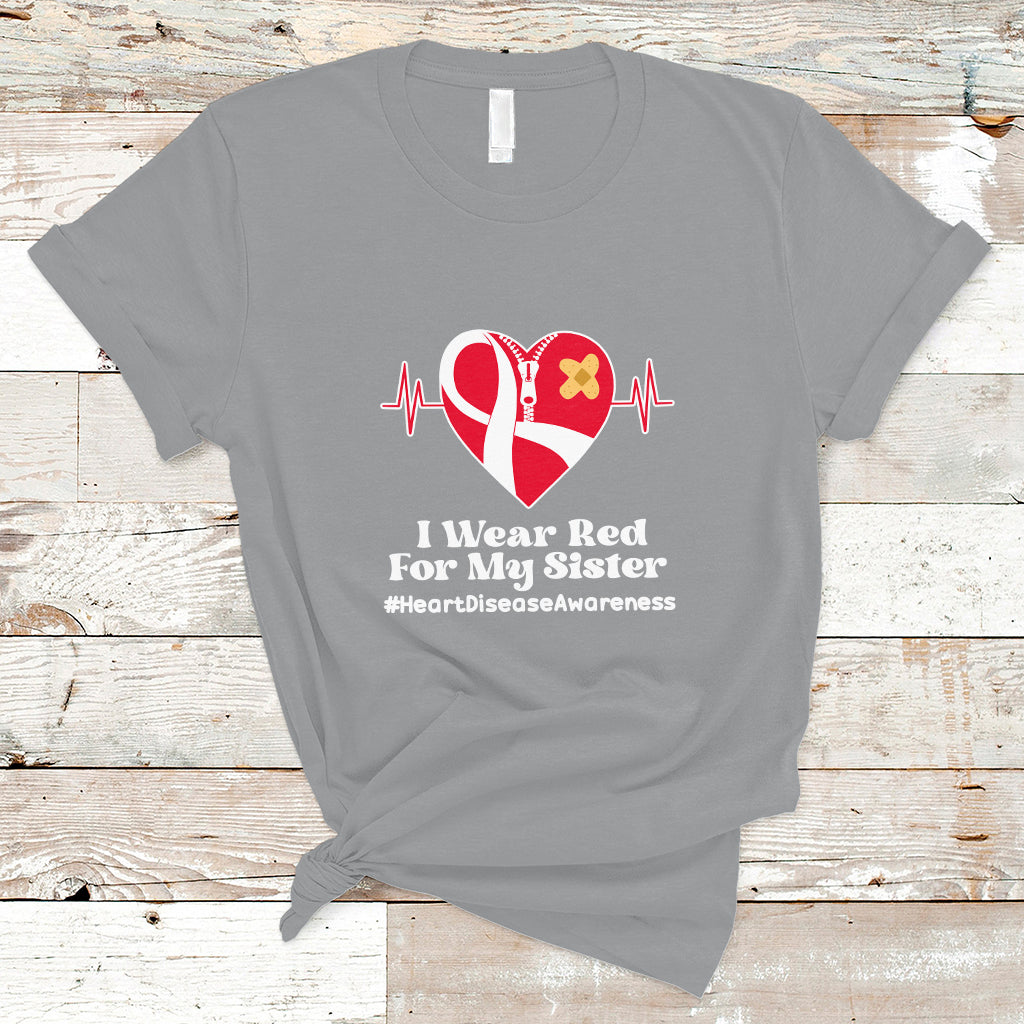 I Wear Red For My Sister Heart Disease Awareness T Shirt with Red Ribbon - Wonder Print Shop