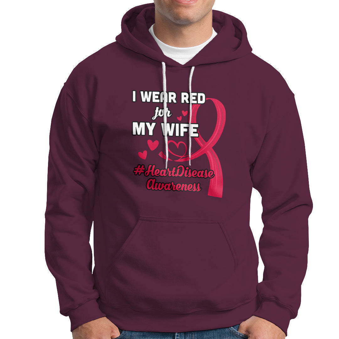 Maroon pullover hoodie with chest heart disease awareness graphic and kangaroo pocket