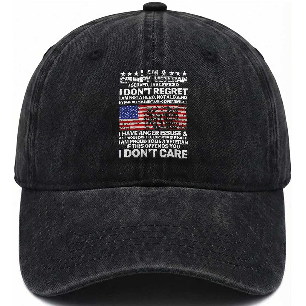 I Am a Grumpy Veteran Washed Cotton Baseball Cap Proud Military Veteran - Don't Care Patriotic