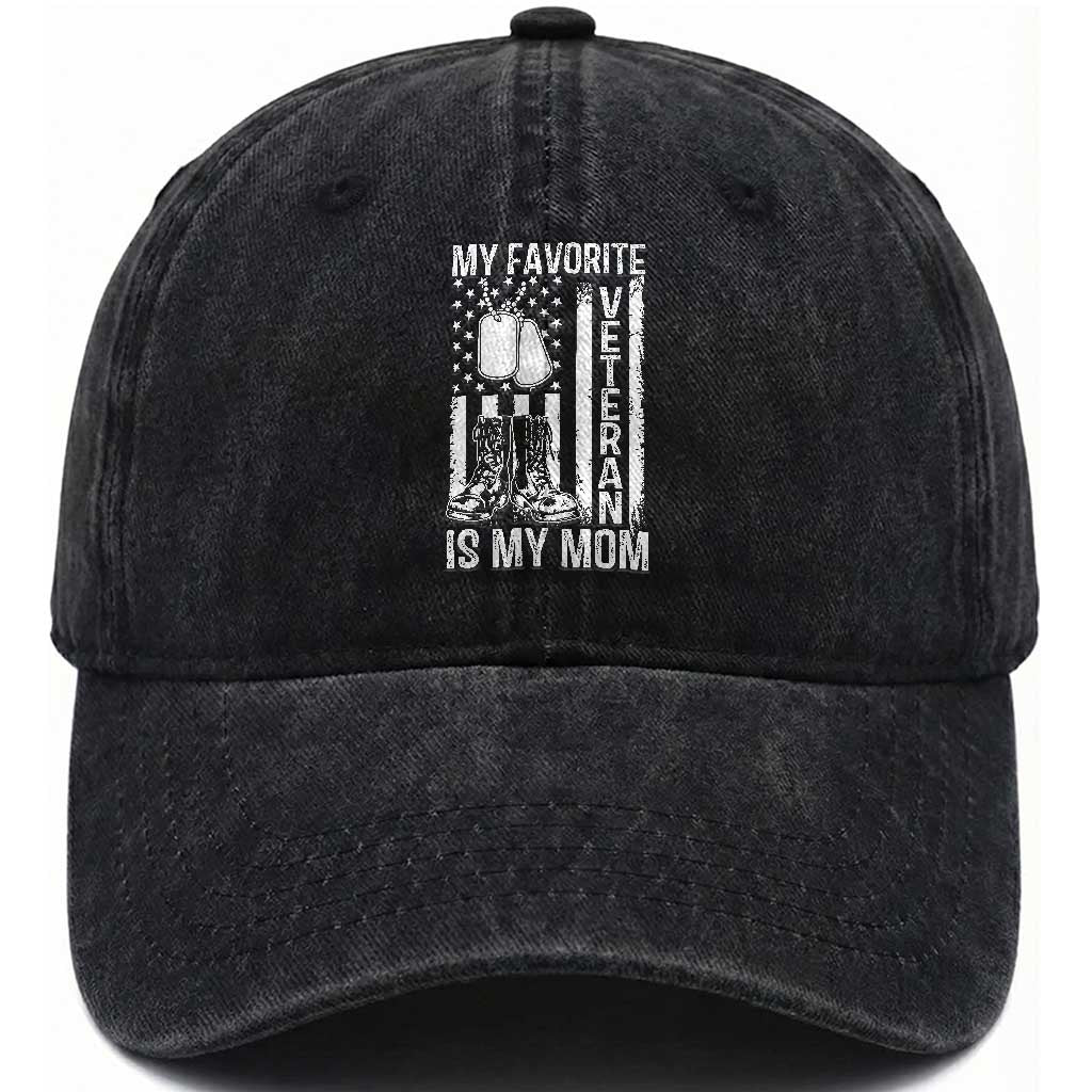 My Favorite Veteran Is My Mom Washed Cotton Baseball Cap Proud US Flag Military Tribute to Mothers