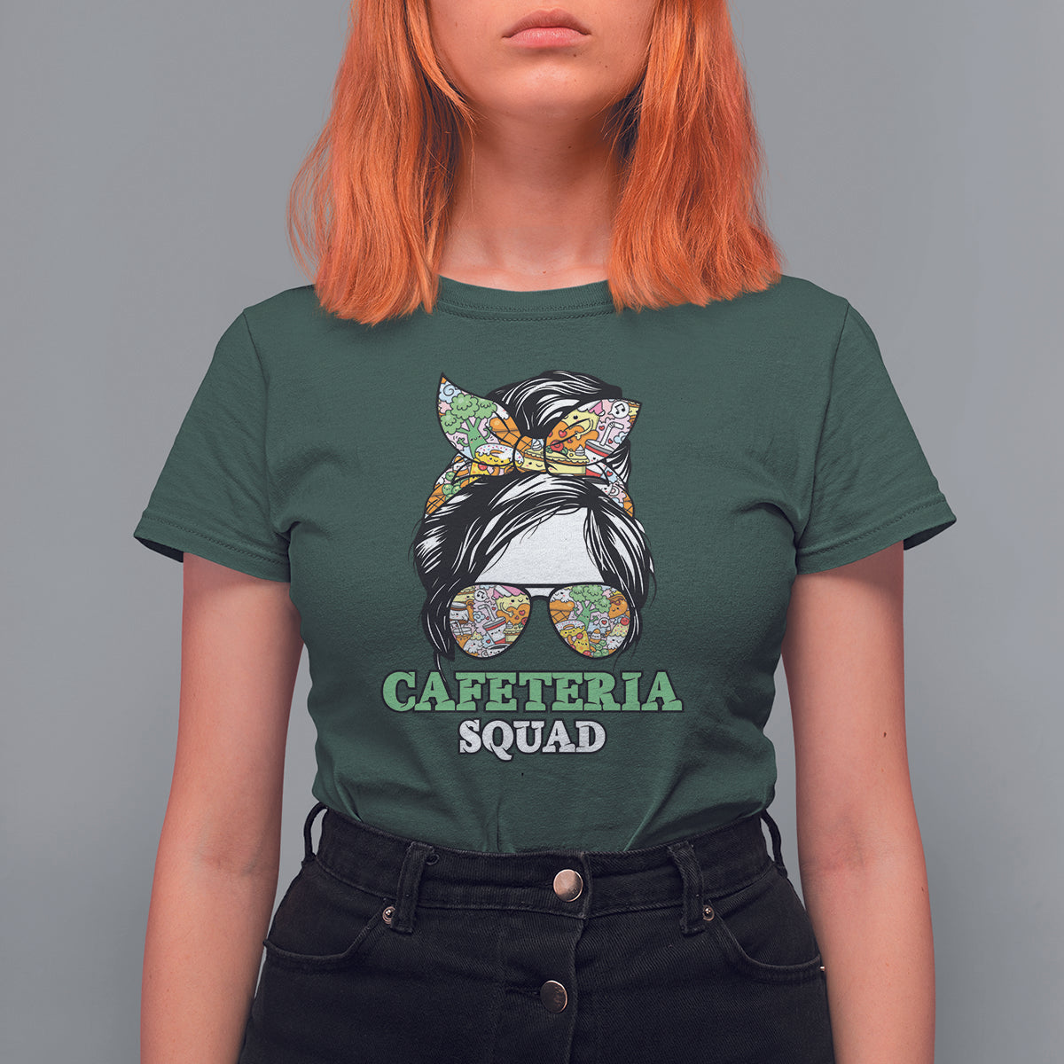 Women’s dark forest green graphic t-shirt with “CAFETERIA SQUAD” cat print