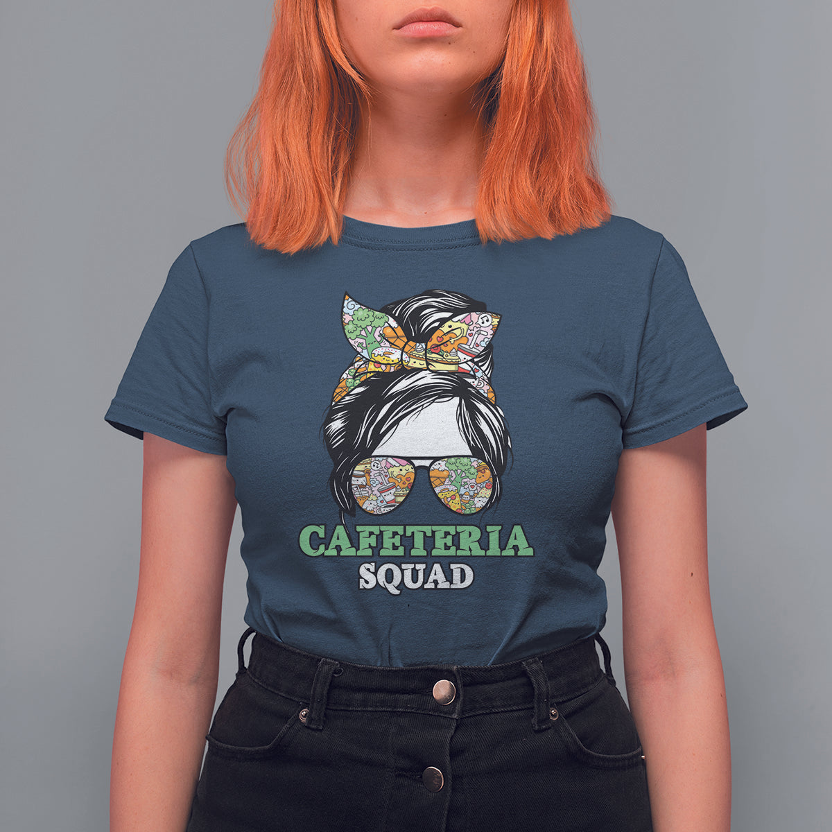 Women’s navy graphic t-shirt with “CAFETERIA SQUAD” cat print