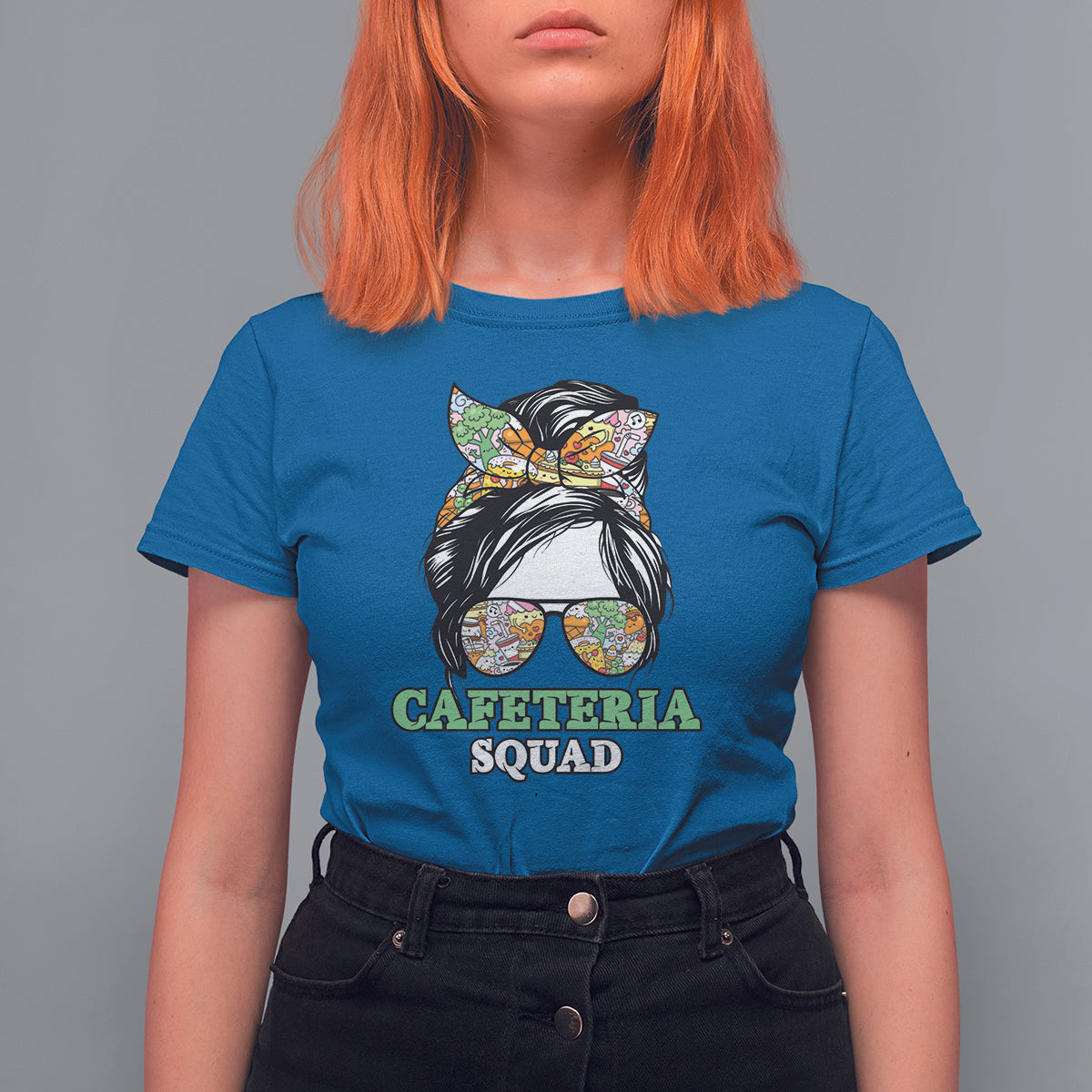 Women’s royal blue graphic t-shirt with “CAFETERIA SQUAD” cat print