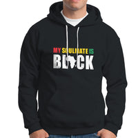 Black pullover hoodie with drawstring hood, kangaroo pocket, and graphic chest print