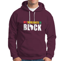Maroon pullover hoodie with drawstring hood, kangaroo pocket, and graphic chest print