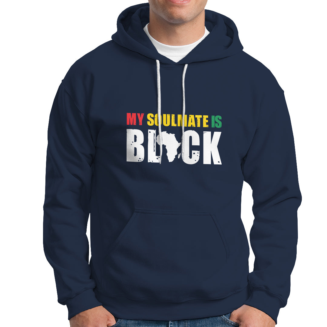 Navy pullover hoodie with drawstring hood, kangaroo pocket, and graphic chest print