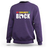 Purple sweatshirt with front graphic text "MY SOULMATE IS BLACK"