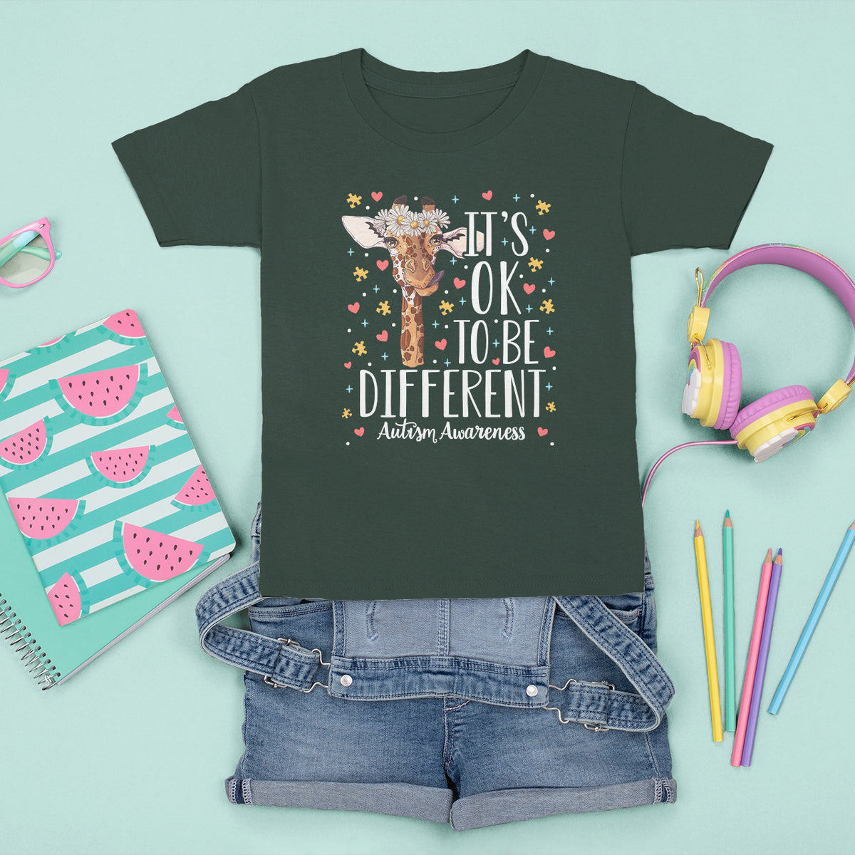 Giraffe Autism T Shirt For Kid Its Ok To Be Different Cute Floral - Wonder Print Shop