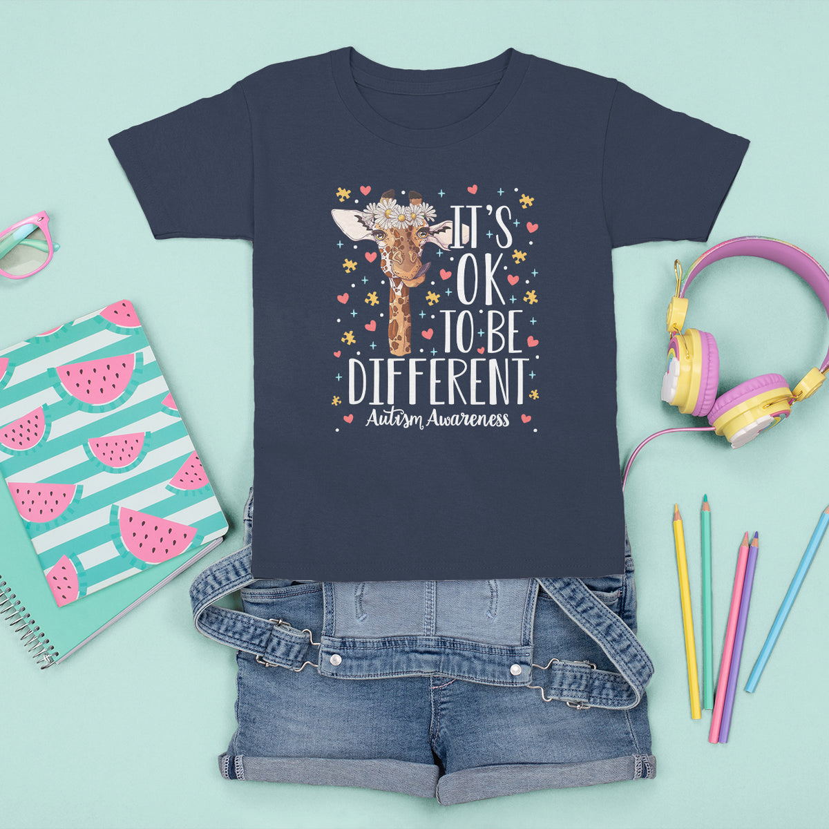 Giraffe Autism T Shirt For Kid Its Ok To Be Different Cute Floral - Wonder Print Shop
