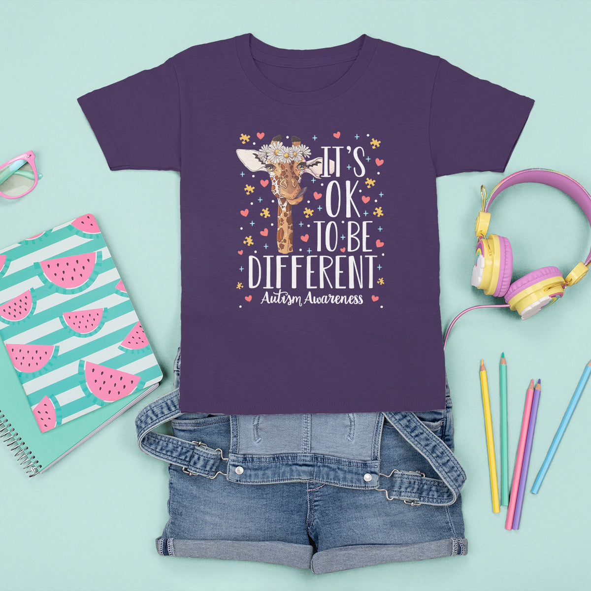 Giraffe Autism T Shirt For Kid Its Ok To Be Different Cute Floral - Wonder Print Shop