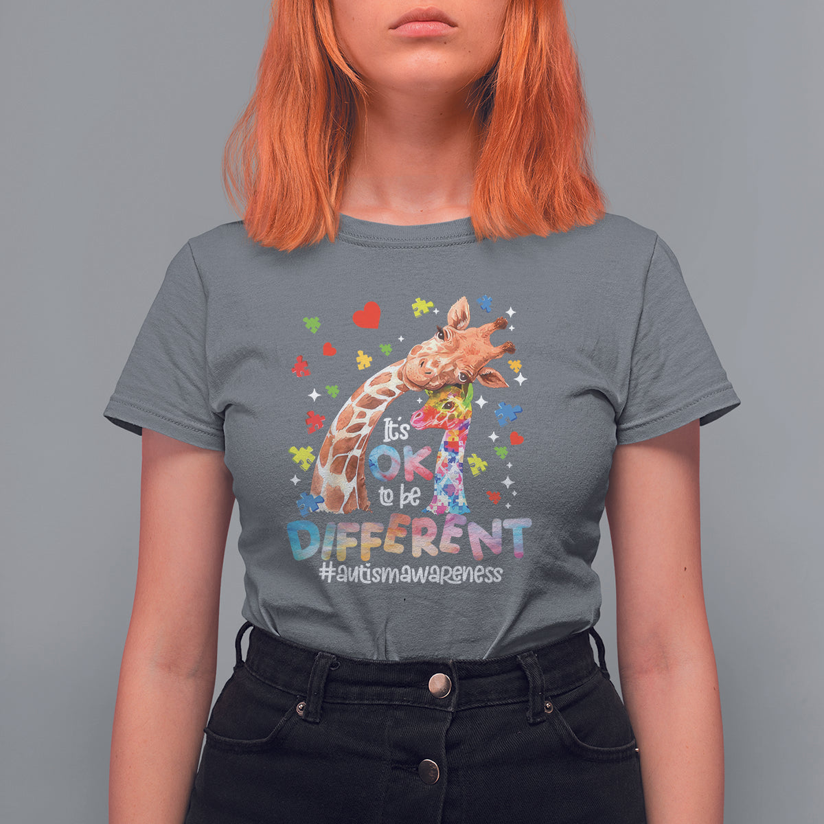 Giraffe Autism T Shirt For Women It's Ok To Be Different Cute Mom And Baby - Wonder Print Shop