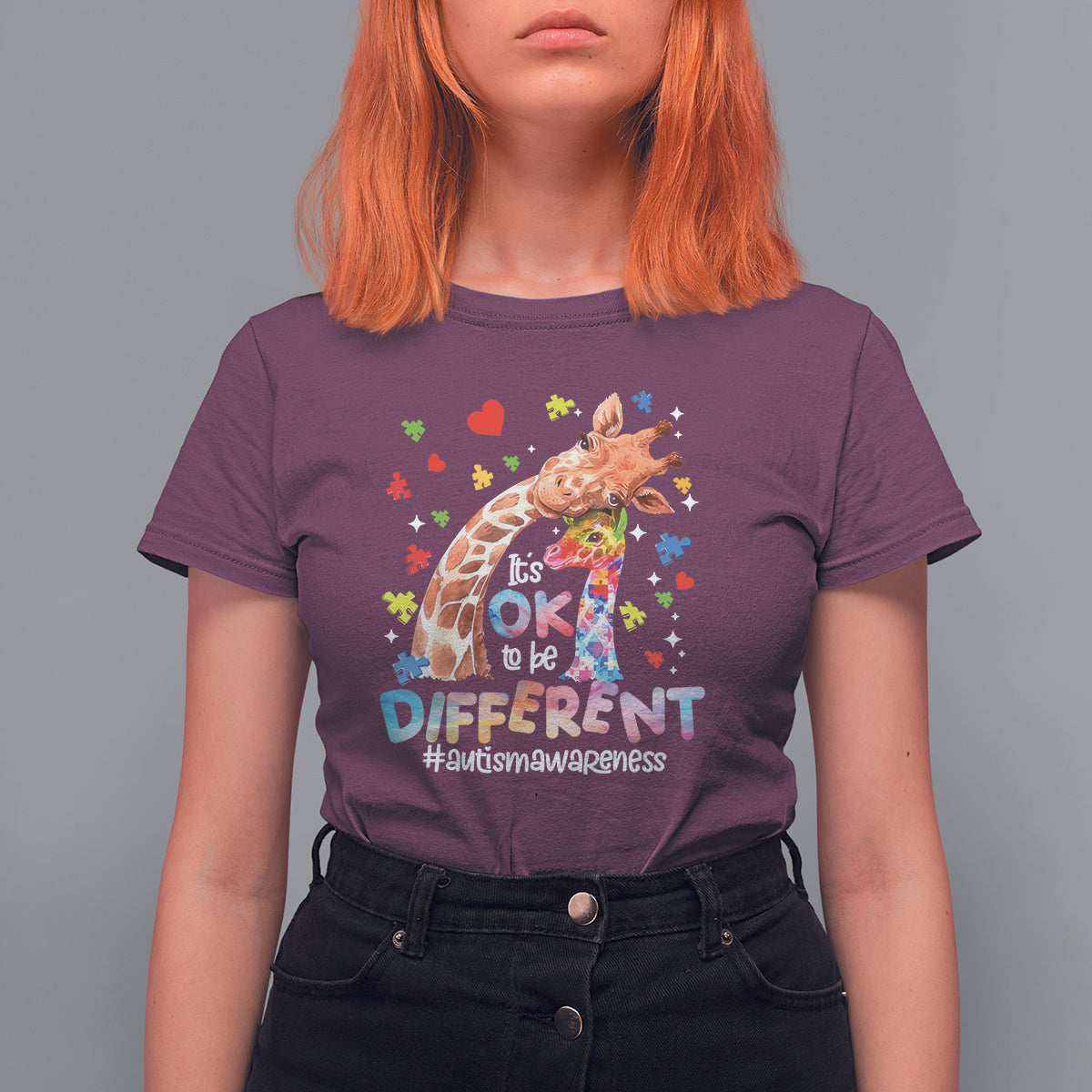 Giraffe Autism T Shirt For Women It's Ok To Be Different Cute Mom And Baby - Wonder Print Shop