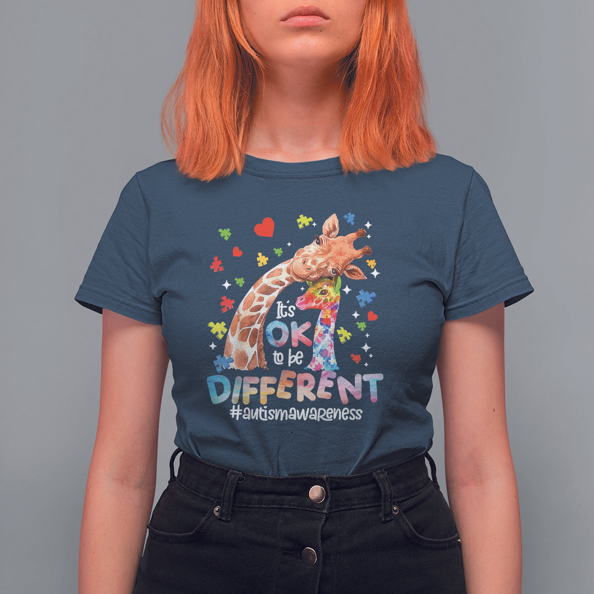 Giraffe Autism T Shirt For Women It's Ok To Be Different Cute Mom And Baby - Wonder Print Shop