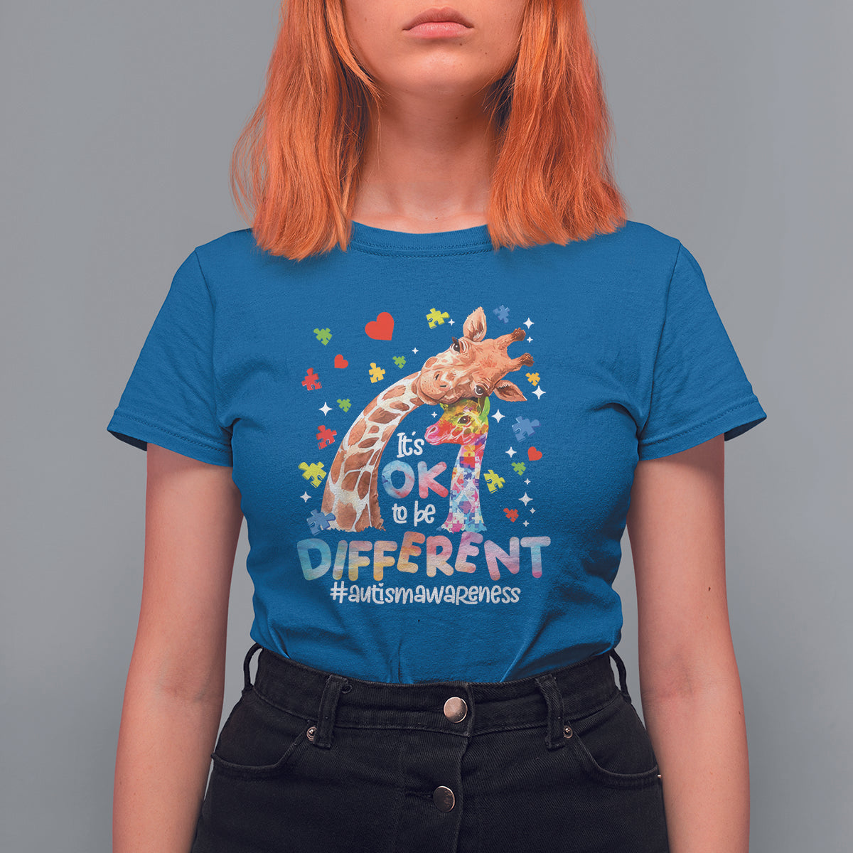Giraffe Autism T Shirt For Women It's Ok To Be Different Cute Mom And Baby - Wonder Print Shop