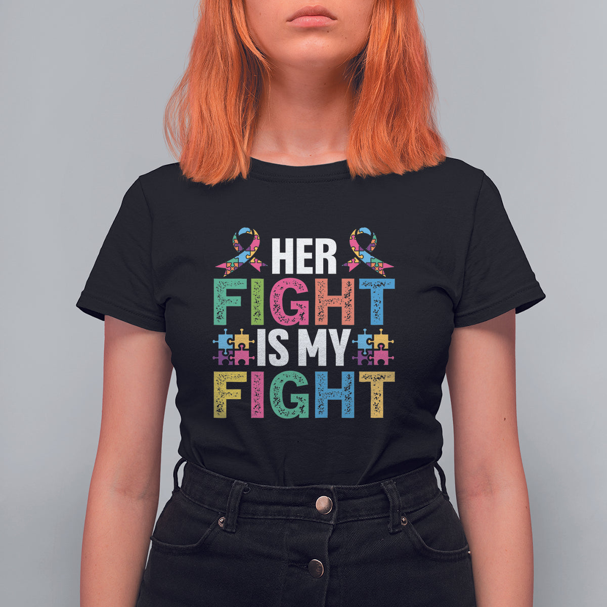 Autism Support T Shirt For Women Her Fight is My Fight Warriors Jigsaw Fighters Puzzle Ribbon - Wonder Print Shop