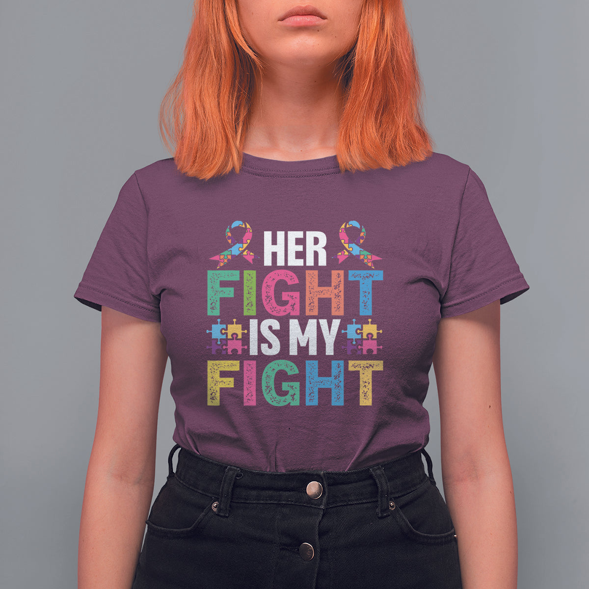 Autism Support T Shirt For Women Her Fight is My Fight Warriors Jigsaw Fighters Puzzle Ribbon - Wonder Print Shop