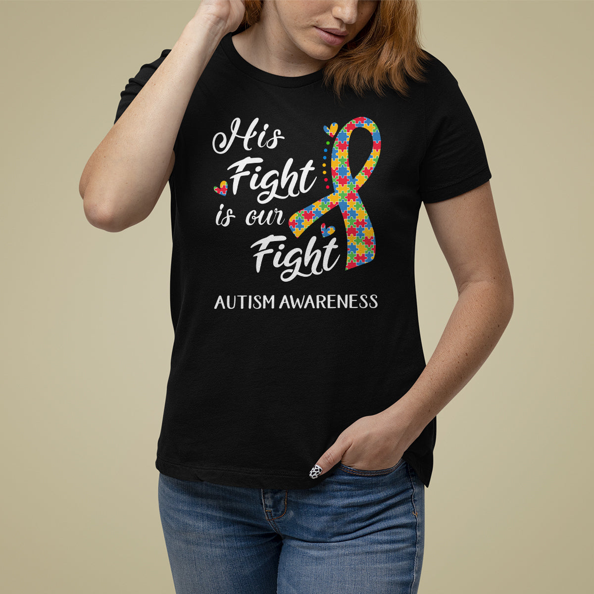 Autism Support T Shirt For Women His Fight is My Fight Jigsaw Puzzle Ribbon - Wonder Print Shop