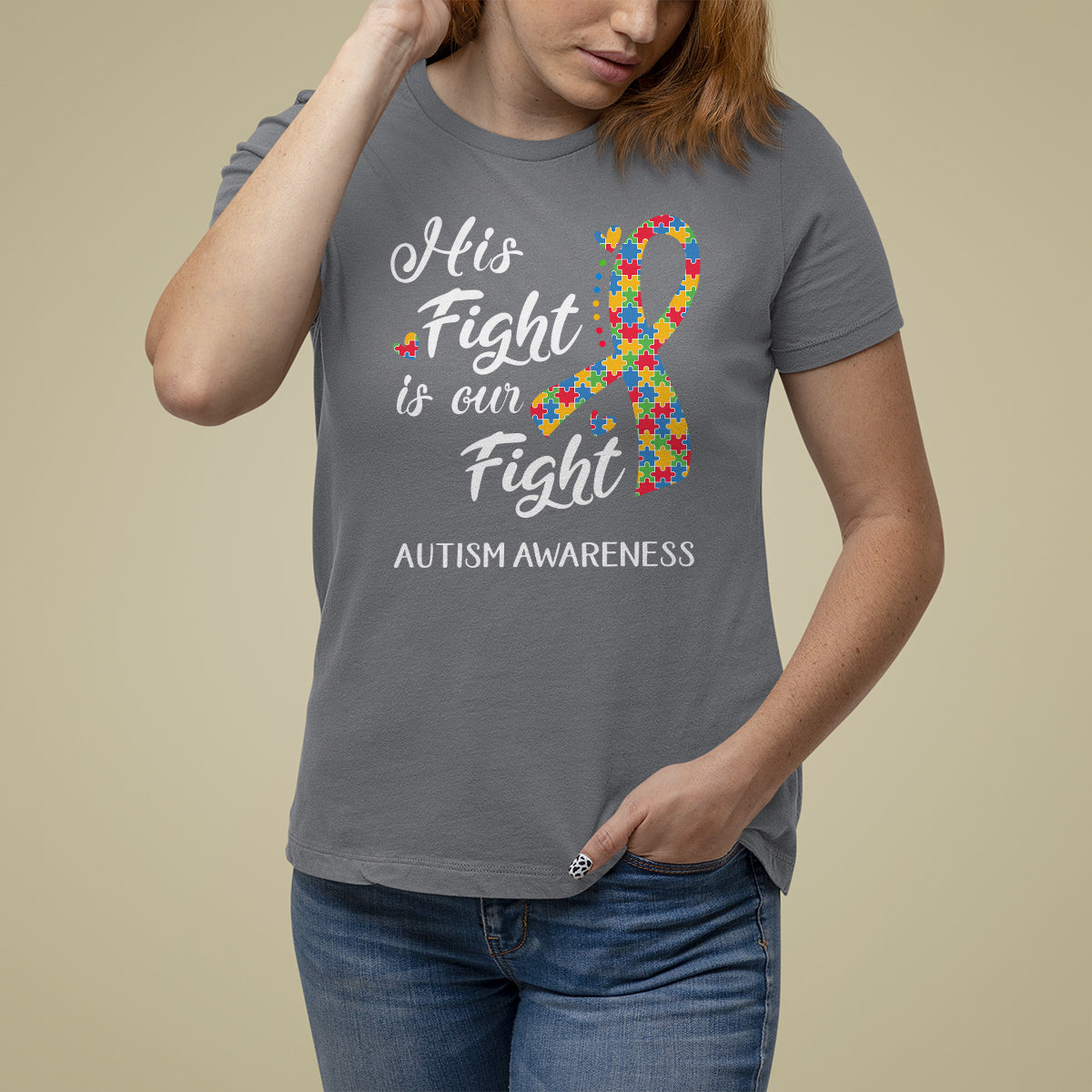 Autism Support T Shirt For Women His Fight is My Fight Jigsaw Puzzle Ribbon - Wonder Print Shop