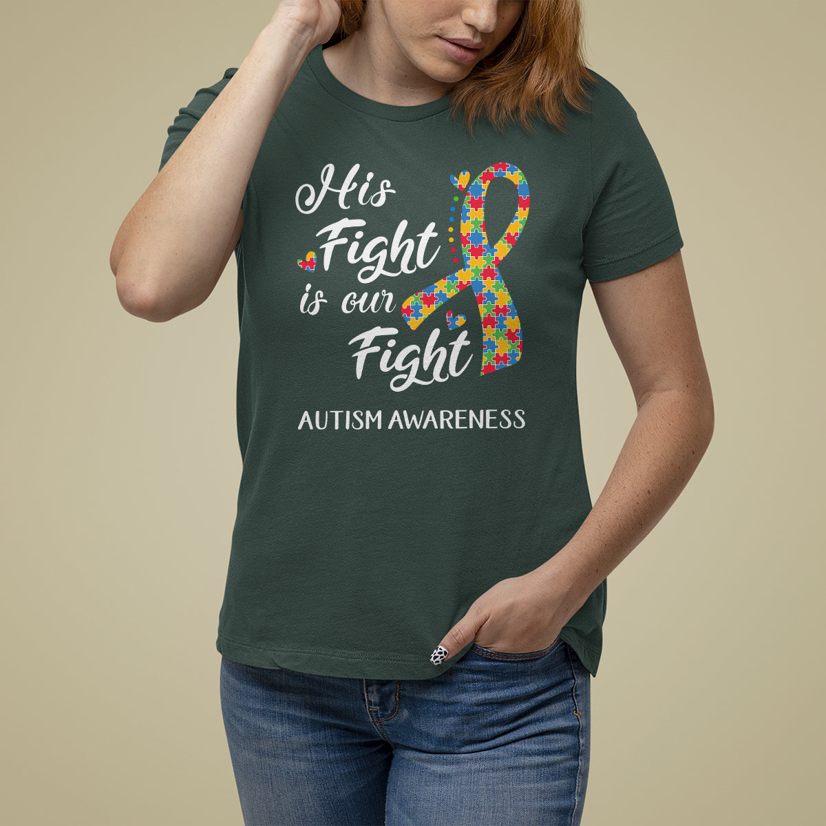 Autism Support T Shirt For Women His Fight is My Fight Jigsaw Puzzle Ribbon - Wonder Print Shop
