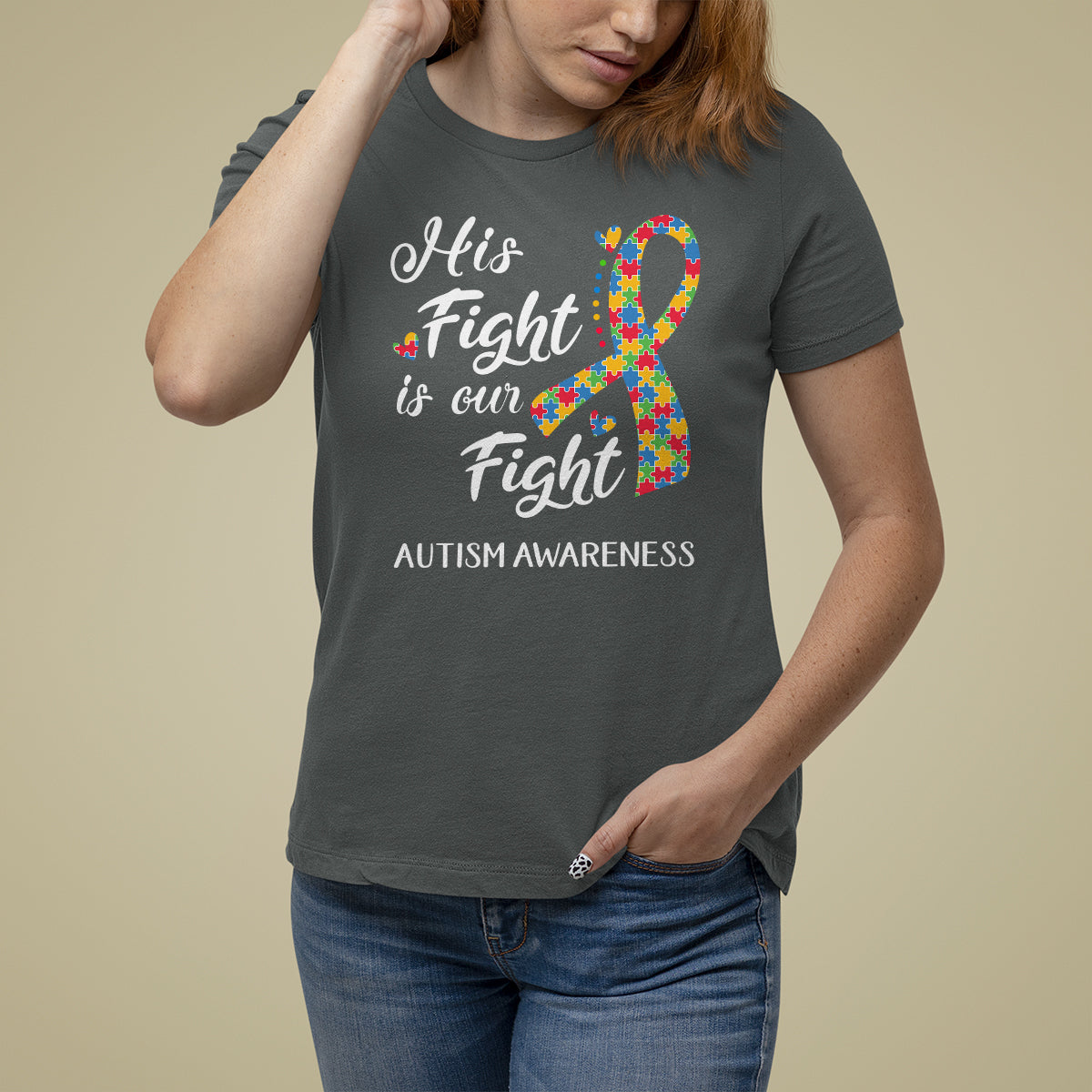 Autism Support T Shirt For Women His Fight is My Fight Jigsaw Puzzle Ribbon - Wonder Print Shop